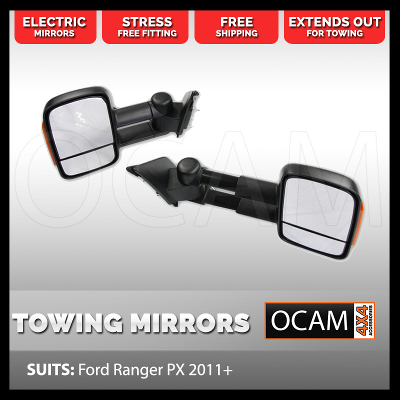 OCAM Extendable Towing Mirrors For Ford Ranger PX 1&2 Black /Orange