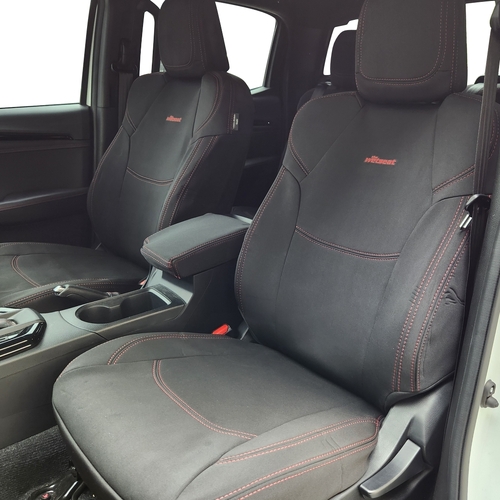 PRE-MADE BUNDLE Wetseat Neoprene Tailored Seat, Headrest & Console Covers for Isuzu D-Max Dual Cab Dual Cab 07/2020-2023 Black with Red Stitching