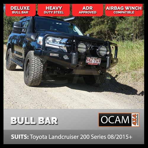 OCAM Deluxe Bull Bar For Toyota Landcruiser 200 Series 08/2015-21 OCAM 12k Winch + 9' LED Spot Lights