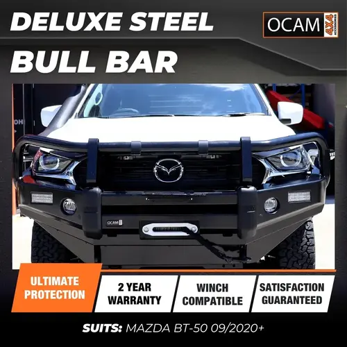 OCAM Deluxe Steel Bull Bar for Mazda BT-50 09/2020+ & OCAM 12K LBS Winch + 9' LED Spot Lights