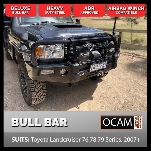 OCAM Deluxe Steel Bull Bar For Toyota Landcruiser 70 76 78 79 Series, 2024-On + OCAM 12k Winch + 9' LED Spot Lights