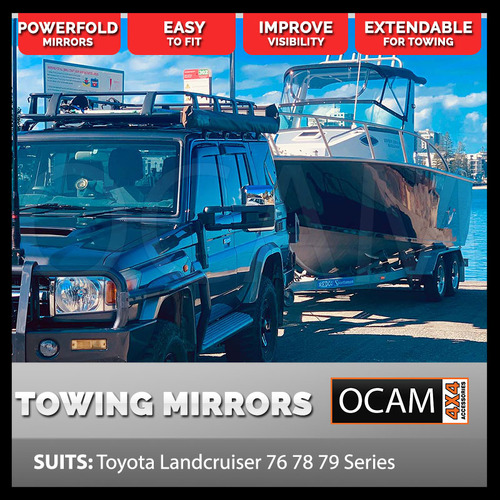 OCAM Powerfold Extendable Towing Mirrors For Toyota Landcruiser 76 78 79, 2024 - Current, Chrome