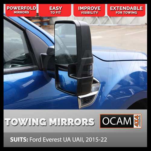 OCAM Powerfold Extendable Towing Mirrors for Ford Everest UA UAII 2015-22, Black, Smoke Indicators, Electric