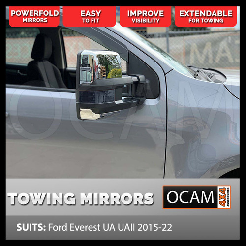 OCAM Powerfold Extendable Towing Mirrors for Ford Everest UA UAII 2015-22, Chrome, Smoke Indicators, Electric