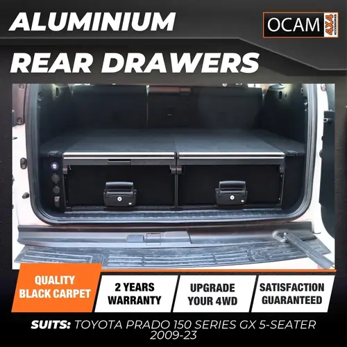 OCAM Aluminium Rear Drawers for Toyota Prado 150 Series GX 5-Seater 2009-23, Black Carpet