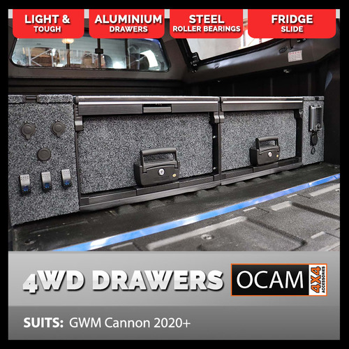 OCAM Aluminium Rear Drawers for GWM Cannon 2020-Current, Dual Cab, Black Carpet