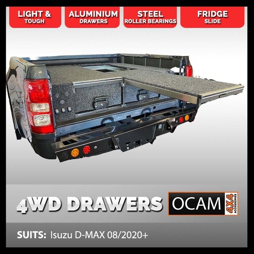 OCAM Aluminium Rear Drawers For Isuzu D-MAX 08/2020-Current, Dual Cab, DMAX, Black Carpet