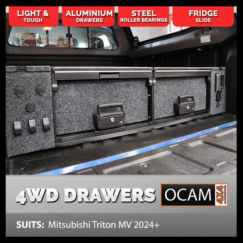 OCAM Aluminium Rear Drawers for Mitsubishi Triton MV, 2024-On, Dual Cab, Black Carpet