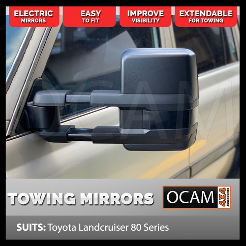 OCAM TM2 Short Extendable Towing Mirrors For Toyota Landcruiser 80 Series, Black, Electric