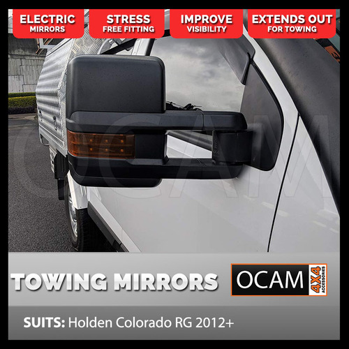 OCAM Short Extendable Towing Mirrors For Holden Colorado RG 2012+ Black Orange Indicators, Electric