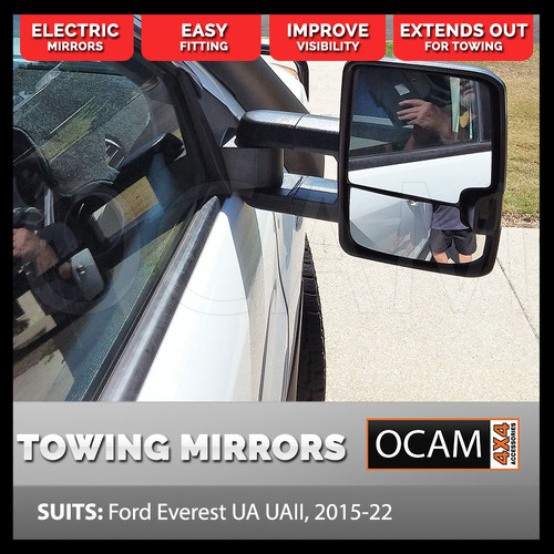 OCAM Extendable Towing Mirrors For Ford Everest UA UAII 2015-22, Black, Electric