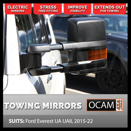OCAM Extendable Towing Mirrors For Ford Everest UA UAII 2015-22, Black, Indicators, Electric