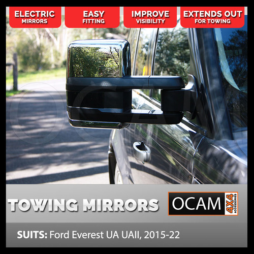OCAM Extendable Towing Mirrors For Ford Everest UA UAII, 2015-22, Chrome, Electric