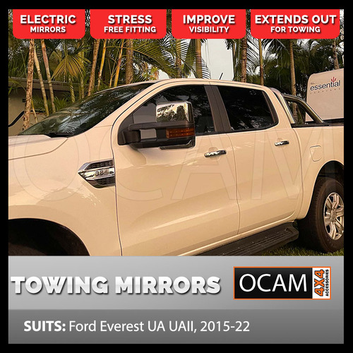 OCAM Extendable Towing Mirrors For Ford Everest UA UAII 2015-22, Chrome, Orange Indicators, Electric