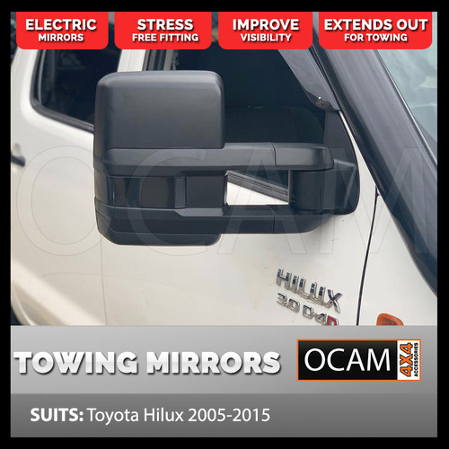 OCAM Short Extendable Towing Mirrors For Toyota Hilux N70 2005-15 Black, Electric