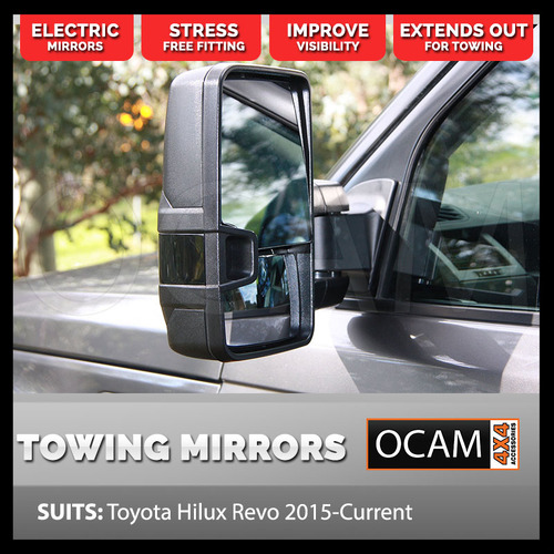 OCAM Short Extendable Towing Mirrors For Toyota Hilux N80 2015-Current, Black, Electric