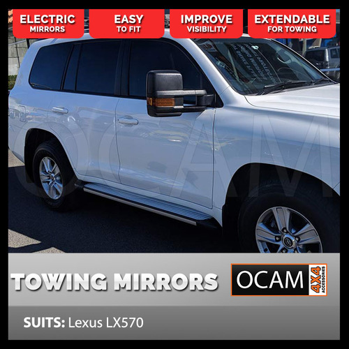 OCAM Extendable Towing Mirrors For Lexus LX570, Black, Orange Indicators, Electric