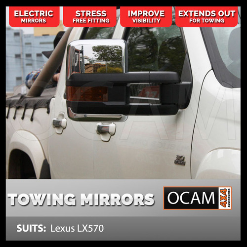 OCAM Extendable Towing Mirrors For Lexus LX570, Chrome, Orange Indicators, Electric