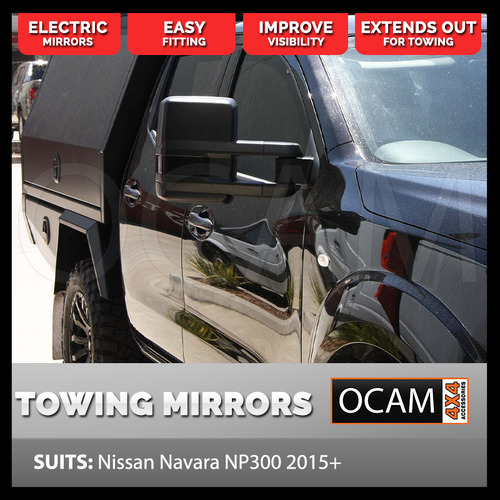 OCAM Short Extendable Towing Mirrors for Nissan Navara NP300 07/2015-On Black, Electric