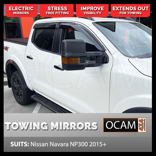 OCAM Short Extendable Towing Mirrors For Nissan Navara NP300 2015-Current Black Orange Indicators, Electric