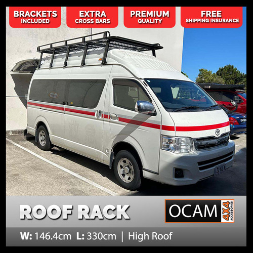 OCAM Aluminium Tradesman Roof Rack For Toyota Hiace 1988-18 Alloy 3300x1464mm, 44cm brackets